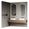 Modern Double Sink Bathroom Vanity With Oval Mirrors Hexagonal Tiles Gray Cabinets And Wood Countertop