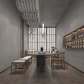 Modern Retail Showroom Interior Design With Wooden Shelves Gray Walls Table And Ceiling Lights