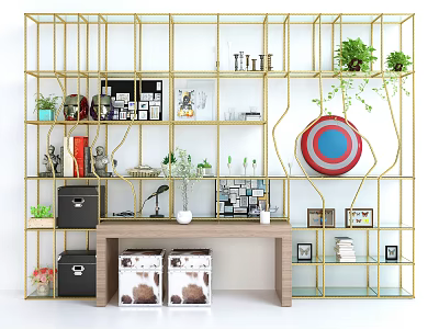 Golden Frame Multi Tiered Bookshelf Interior With Decorative Items Green Plants Photo Frames And Books 3d model