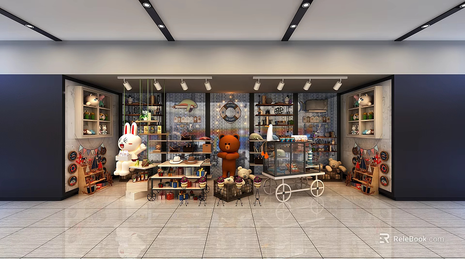 Toy Store Interior With Stuffed Animals Display Shelves And Cart 3d model 