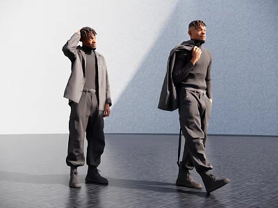Two Men In Stylish Grey Outfits Adjusting Hair And Holding Coat Light Wall Dark Floor 3d model