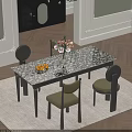 Elegant Dining Table Set With Decorative Pattern Top Black Green Chairs Flower Vase And Fruits