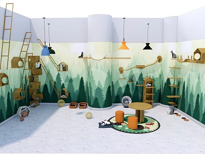Forest Themed Cat Friendly Mall Store With Climbing Structures Hanging Lights And Play Areas 3d model