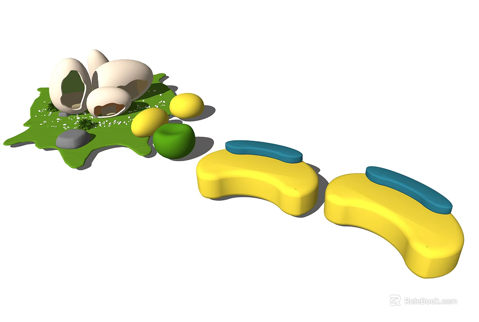 Curved Yellow Sectional Sofa With Blue Armrests In Green Grass Setting 3d model