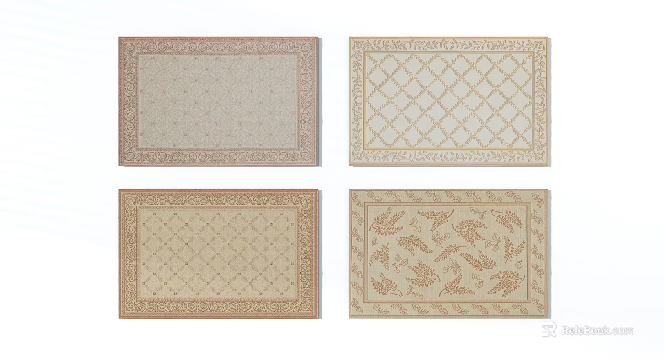 Decorative Square Rugs with Various Geometric and Leaf Patterns in Beige Brown Tones 3d model
