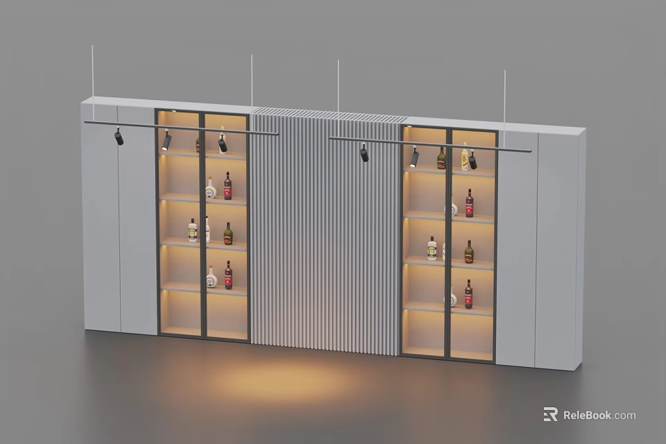 Modern White Wine Cabinet With Multi tiered Display Shelves Lighting And Vertical Striped Design 3d model 
