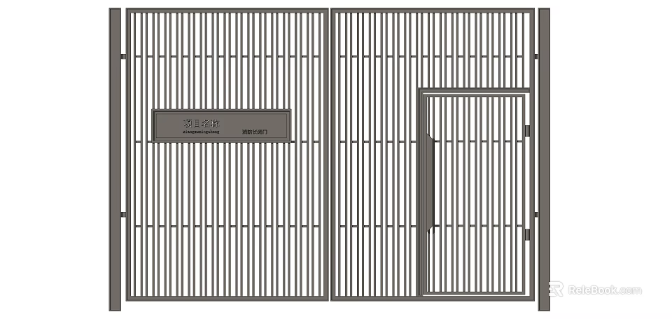 Modern Entrance Gate With Vertical Metal Slats Side Access Door And Identification Plate 3d model 