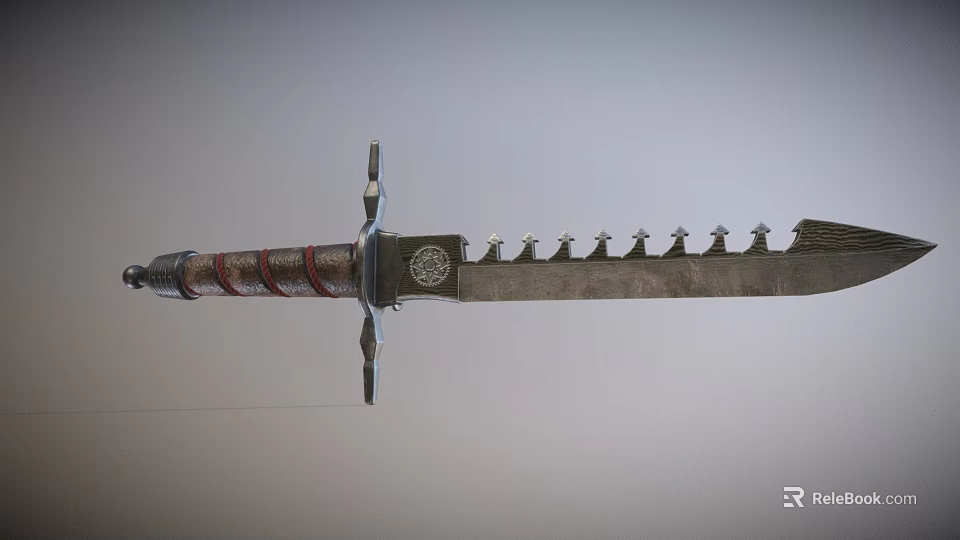 Classic Weapon Sword With Intricate Red Silver Hilt Wrapping And Serrated Blade Details 3d model 
