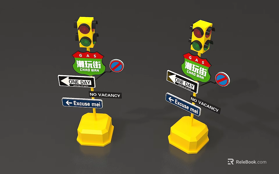 Wayfinding Signs With Traffic Lights For Pedestrian Street Directional Exit And No Vacancy 3d model 