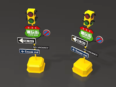 Wayfinding Signs With Traffic Lights For Pedestrian Street Directional Exit And No Vacancy 3d model