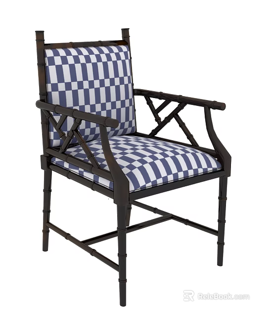 Stylish Armchair With Blue And White Checkered Upholstery And Dark Wooden Frame 3d model 