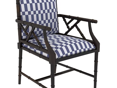 Stylish Armchair With Blue And White Checkered Upholstery And Dark Wooden Frame 3d model