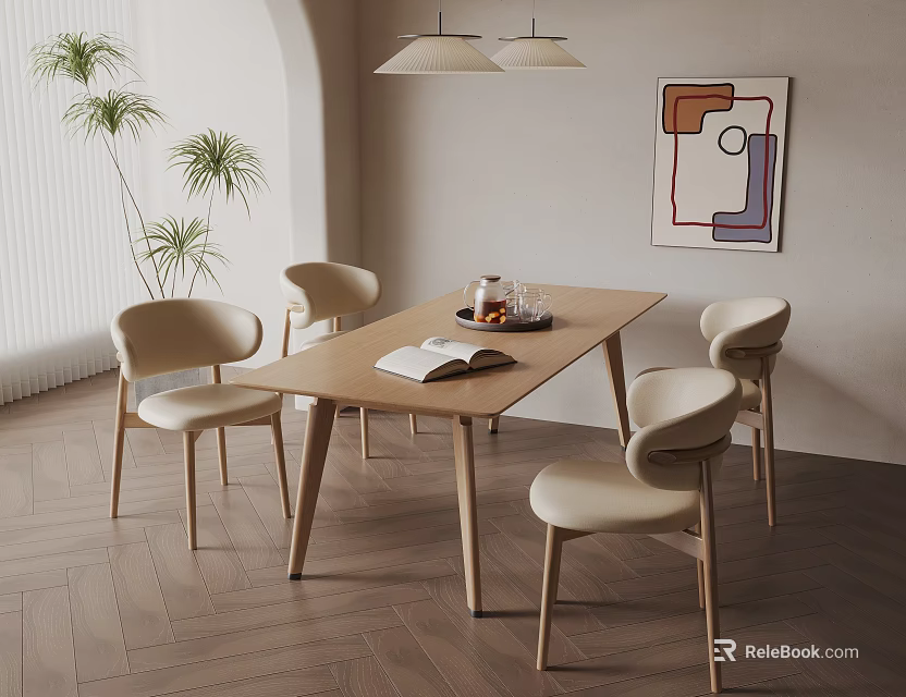 Modern Wooden Dining Table Set with Four Beige Chairs Book Tray Plant and Pendant Lights 3d model 