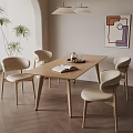 Modern Wooden Dining Table Set with Four Beige Chairs Book Tray Plant and Pendant Lights
