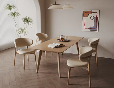 Modern Wooden Dining Table Set with Four Beige Chairs Book Tray Plant and Pendant Lights 3d model