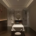 Luxury SPA Sauna Interior With Wooden Walls Massage Table Round Mirror And Soft Lighting
