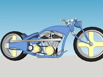Vintage Blue Custom Motorcycle With Yellow Spoked Wheels And Shiny Chrome Engine 3d model