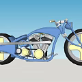 Vintage Blue Custom Motorcycle With Yellow Spoked Wheels And Shiny Chrome Engine