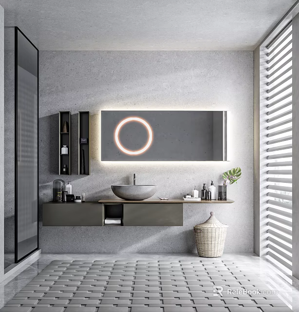 Modern Bathroom Interior With Circular Light Mirror Wall Mounted Vanity And Green Plant Blinds 3d model 