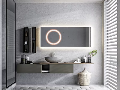 Modern Bathroom Interior With Circular Light Mirror Wall Mounted Vanity And Green Plant Blinds 3d model