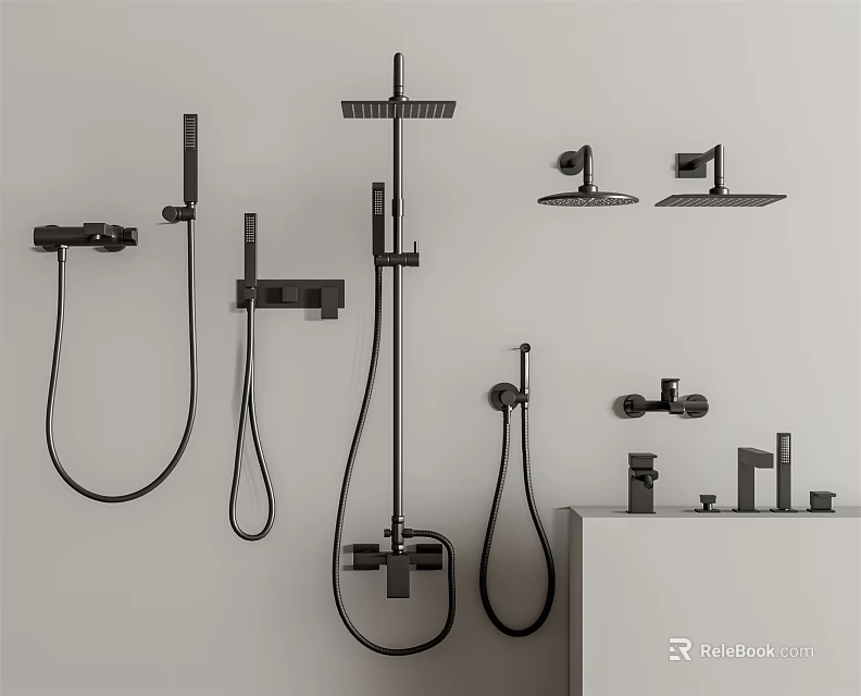 Modern Black Shower Systems With Wall Mounted Heads And Handheld Sprayers 3d model