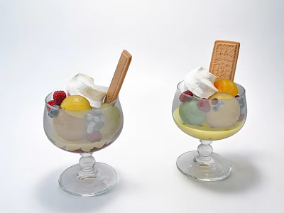 Fruit Dessert Cups With Whipped Cream Biscuit Sticks And Colorful Berries In Glass 3d model