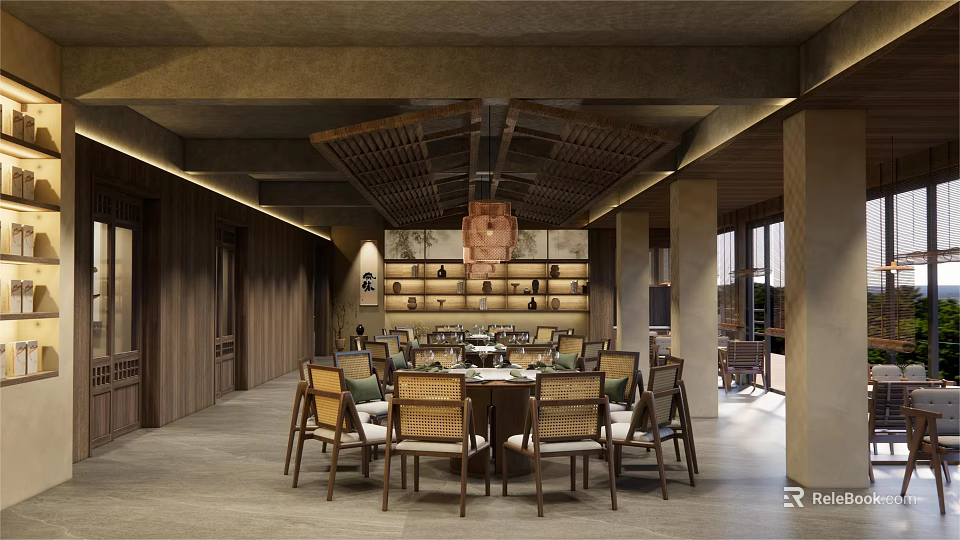 Rustic Traditional Chinese Restaurant Interior With Wooden Ceiling Large Round Table And Pendant Light 3d model 