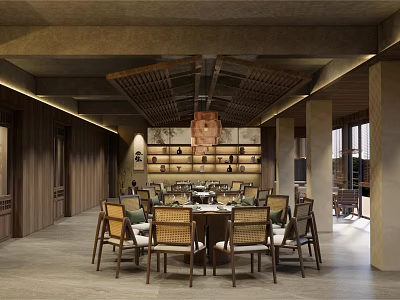Rustic Traditional Chinese Restaurant Interior With Wooden Ceiling Large Round Table And Pendant Light 3d model