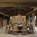 Rustic Traditional Chinese Restaurant Interior With Wooden Ceiling Large Round Table And Pendant Light