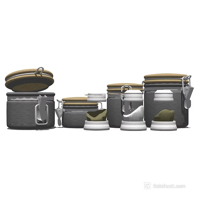 Airtight Glass Spice Jars with Various Sizes and Wooden Lids for Kitchen Countertop Organization 3d model 