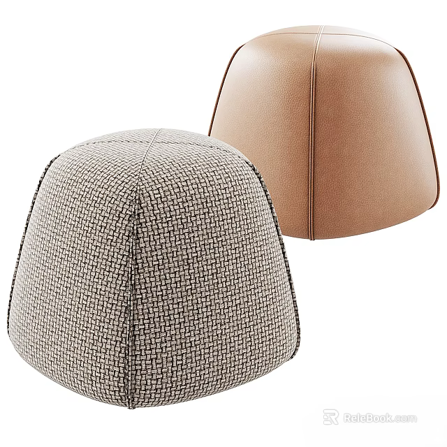 Two Modern Stools Featuring Light Brown Woven Texture And Brown Leather Finish 3d model 