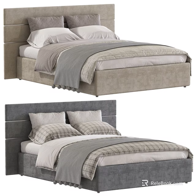 Stylish Beige and Gray Double Bed with Upholstered Headboard and Soft Bedding 3d model 