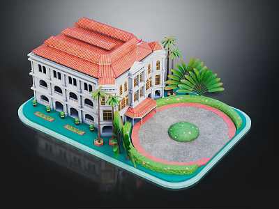 Traditional Multi Story Building With Red Roof And Palm Trees Around Circular Lawn Area 3d model