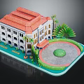 Traditional Multi Story Building With Red Roof And Palm Trees Around Circular Lawn Area