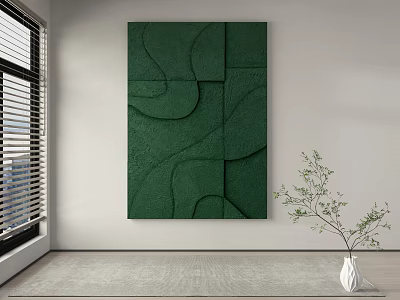 Green Abstract Painting With Textured Design On White Wall And White Vase With Green Plant 3d model