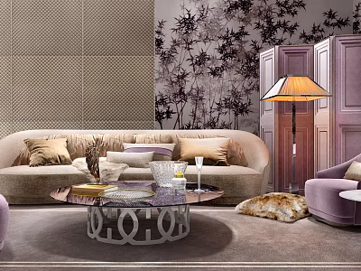 Curved Beige Sofa and Round Glass Coffee Table Set with Cushions Geometric Base Bamboo Walls 3d model