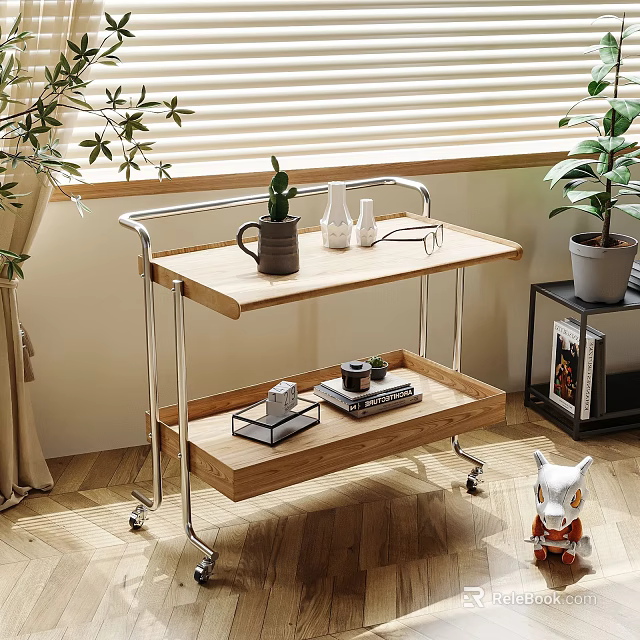 Wooden Two Tier Side Table With Metal Frame Tray And Wheels For Living Room By Window 3d model 