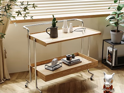 Wooden Two Tier Side Table With Metal Frame Tray And Wheels For Living Room By Window 3d model