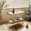 Wooden Two Tier Side Table With Metal Frame Tray And Wheels For Living Room By Window
