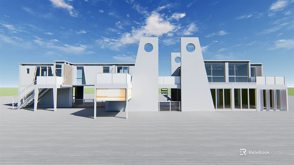 Modern Guesthouse Architecture With White Exterior Geometric Design Circular Windows And Wooden Deck 3d model 