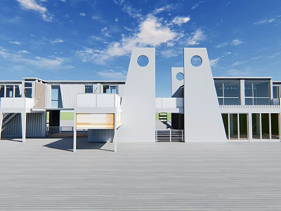 Modern Guesthouse Architecture With White Exterior Geometric Design Circular Windows And Wooden Deck 3d model