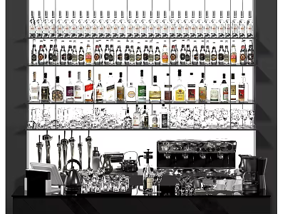 Modern Bar Counter With Various Liquor Bottles Shelves Mixing Tools And Glassware 3d model