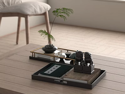 Decorative Ornament Set with Black Tray Small Potted Plant Lion Statues on Wooden Coffee Table 3d model