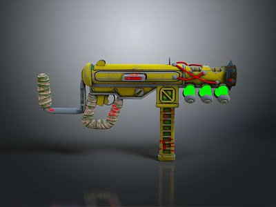Futuristic Yellow Gun With Green Bulbs Red Cables And Wrapped Cloth 3d model
