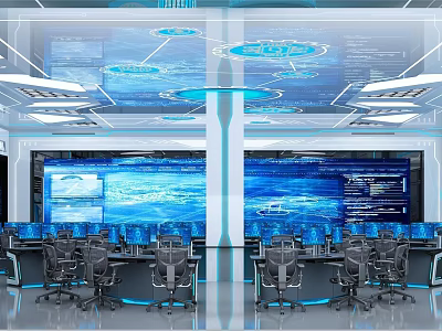 Surveillance Control Room Interior With Multiple Monitor Screens And Control Consoles 3d model