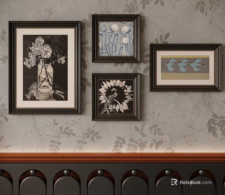 Framed Abstract Paintings on Wall with Floral Wallpaper and Decorative Art 3d model 