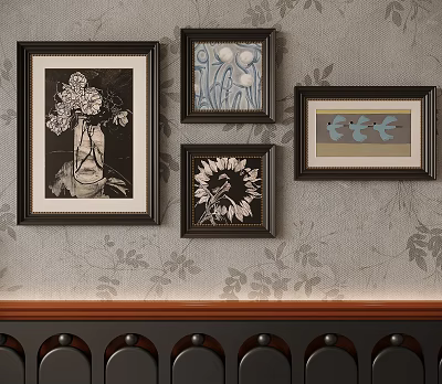 Framed Abstract Paintings on Wall with Floral Wallpaper and Decorative Art 3d model