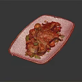 Grilled Meat With Melted Cheese Greens Tomatoes And Herbs On White Plate With Brown Rim