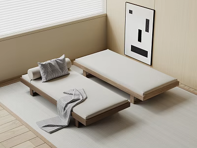 Wooden Frame Sofa Stools With Beige Cushion Throw Pillow And Blanket In Minimalist Room 3d model