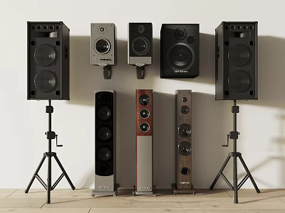 Different Types of Speakers Featuring Floor Standing Bookshelf and Stand Mounted Units 3d model